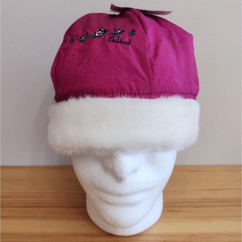 NWT Vtg 90s Oshkosh Toddler Girl Nylon Winter Hat Faux Fur Trim Floral Flowers